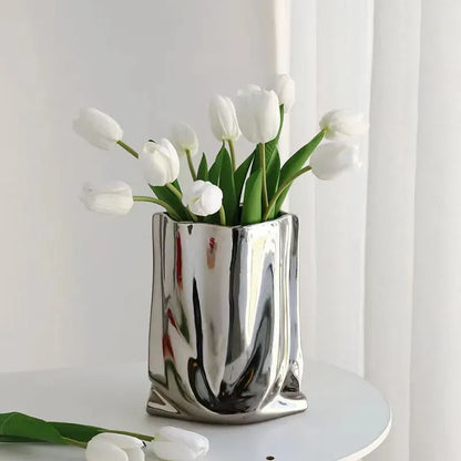 Silver Ceramic Flower Vase with Ruffles