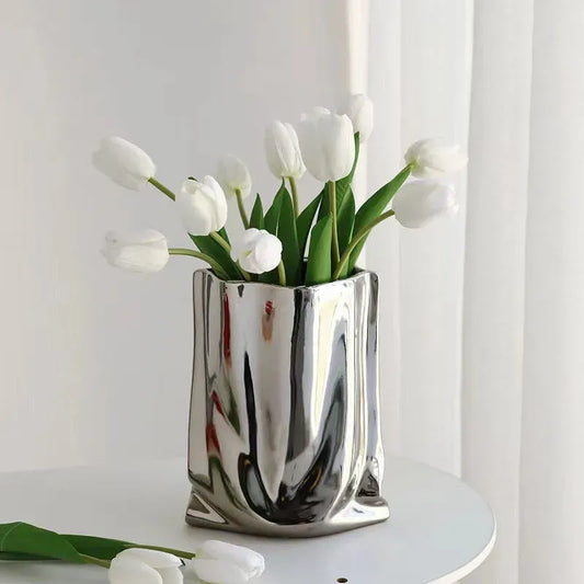 Silver Ceramic Flower Vase with Ruffles