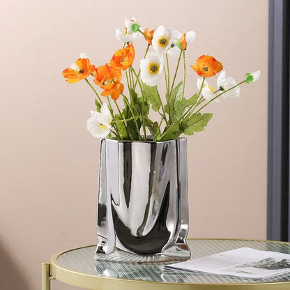 Silver Ceramic Flower Vase with Ruffles